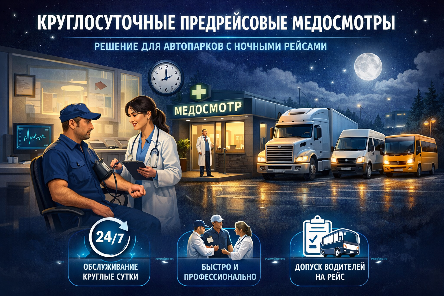 Круглосуточные предрейсовые медосмотры: решение для автопарков с ночными рейсами